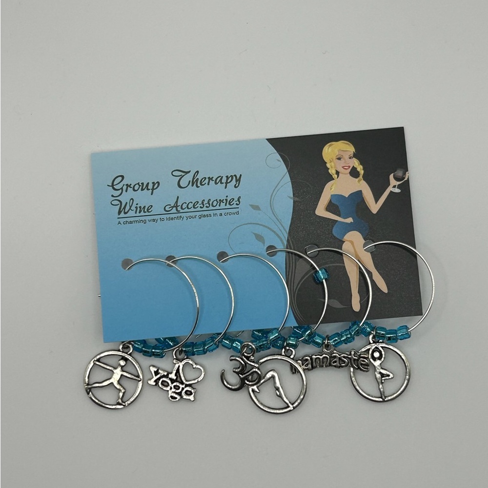 NEW Silver Wine Glass Charms with Blue Beads - Yoga Theme